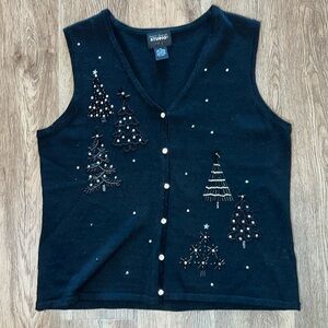 Studio Joy Black Jeweled Christmas Tree Sleeveless Button Up Vest Size Medium